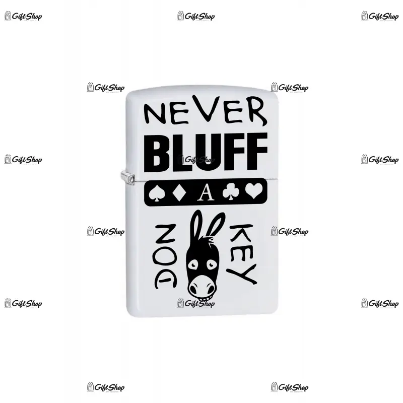 Never bluff a donkey bricheta metalica gravata laser cu mesaj